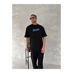 Ön Ve Arka Baskılı Oversize Bisiklet Yaka T-shirt- Siyah