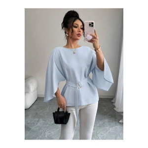 Kadın Uzun Kollu Yuvarlak Yakalı Yarasa Kollu Belden Kuşaklı Atlas Bluz