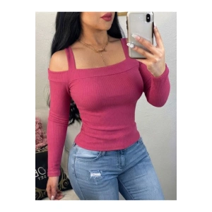 Kadın Uzun Kollu Madonna Yaka Askılı Krop Kaşkorse Bluz