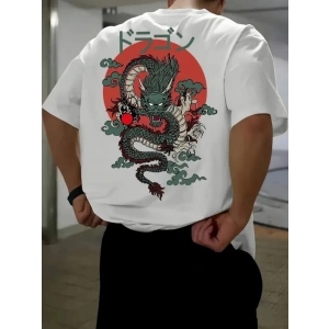 Baskılı Oversize Bisiklet Yaka T-shirt - Beyaz