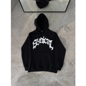 Kışlık Kapşonlu Baskılı Oversize SweatShirt- Siyah