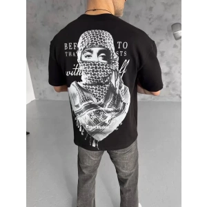 Unisex Baskılı Oversize T-Shirt - Siyah