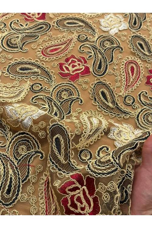 GOLD-SİYAH-BORDO RENK ŞAL DESEN DANTEL
