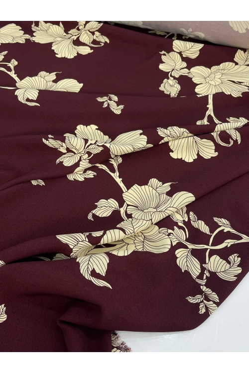 BORDO-KREM BÜYÜK ÇİÇEK DESENLİ VİSKON
