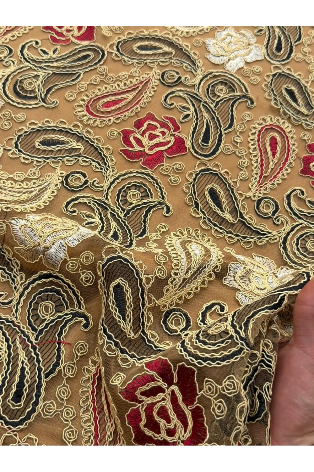 GOLD-SİYAH-BORDO RENK ŞAL DESEN DANTEL