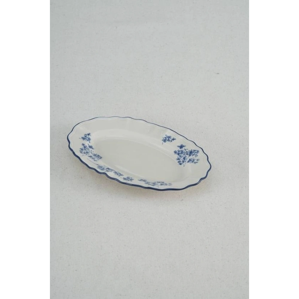Acar Garden Mavi Çiçek Desenli Beyaz Porselen Oval Tabak 21x14 Cm