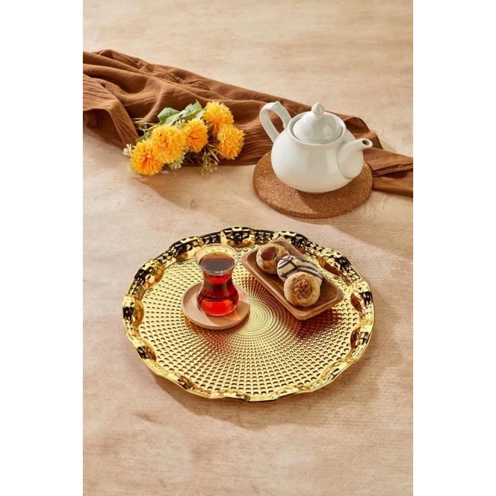Cooker Yuvarlak Gold Metal Tepsi 35 Cm