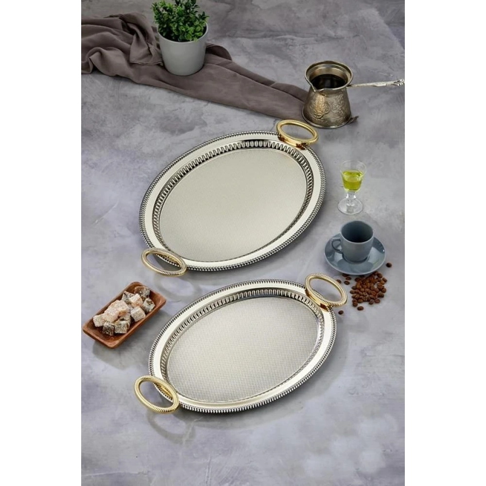 Cooker Ckr3907 Gold Kulplu Gümüş Oval Tepsi 2li