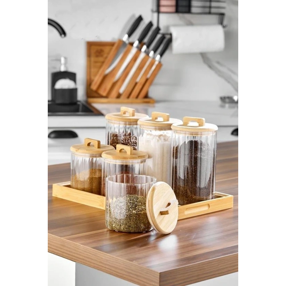 Cooker Bambu Kapaklı Cam Baharat Seti 6lı