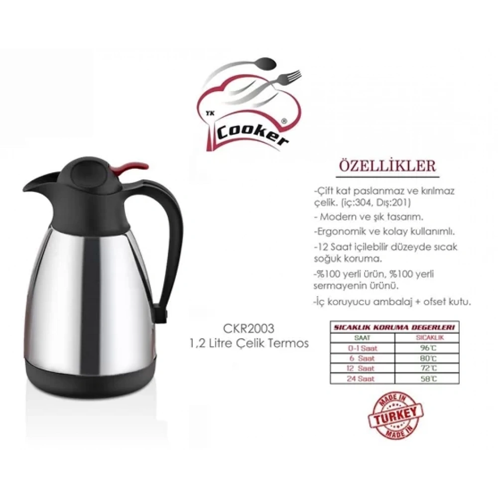 Cooker Ckr2003 Çelik Sürahi Termos 1.2 Lt