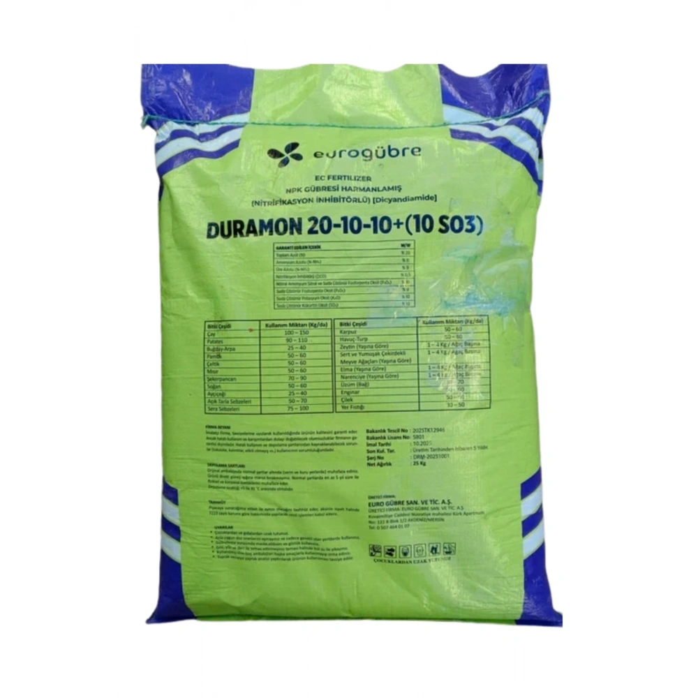 Duramon 20-10-10 +10 So3 Npk İnhibitörlü Yeşil - Akıllı Gübre 25 Kg
