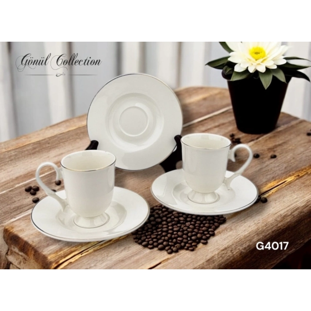 Gönül Gnl 4017 Gümüş Kenarlı Beyaz Porselen Kahve Seti 6lı
