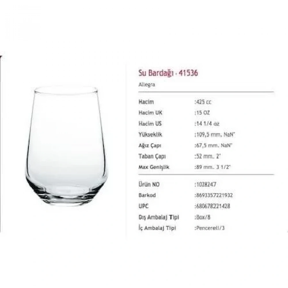 Paşabahçe 41536 Sade Allegra 425 Cc 3lü
