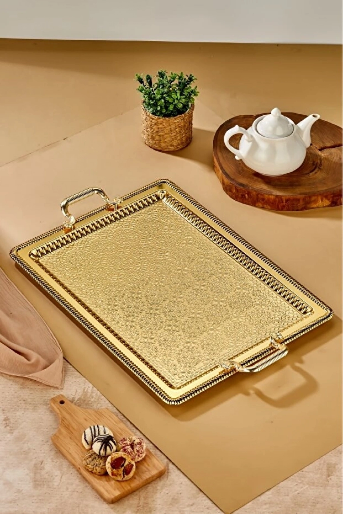 Cooker Gold Renk Dikdörtgen Metal Tepsi 60x40 Cm