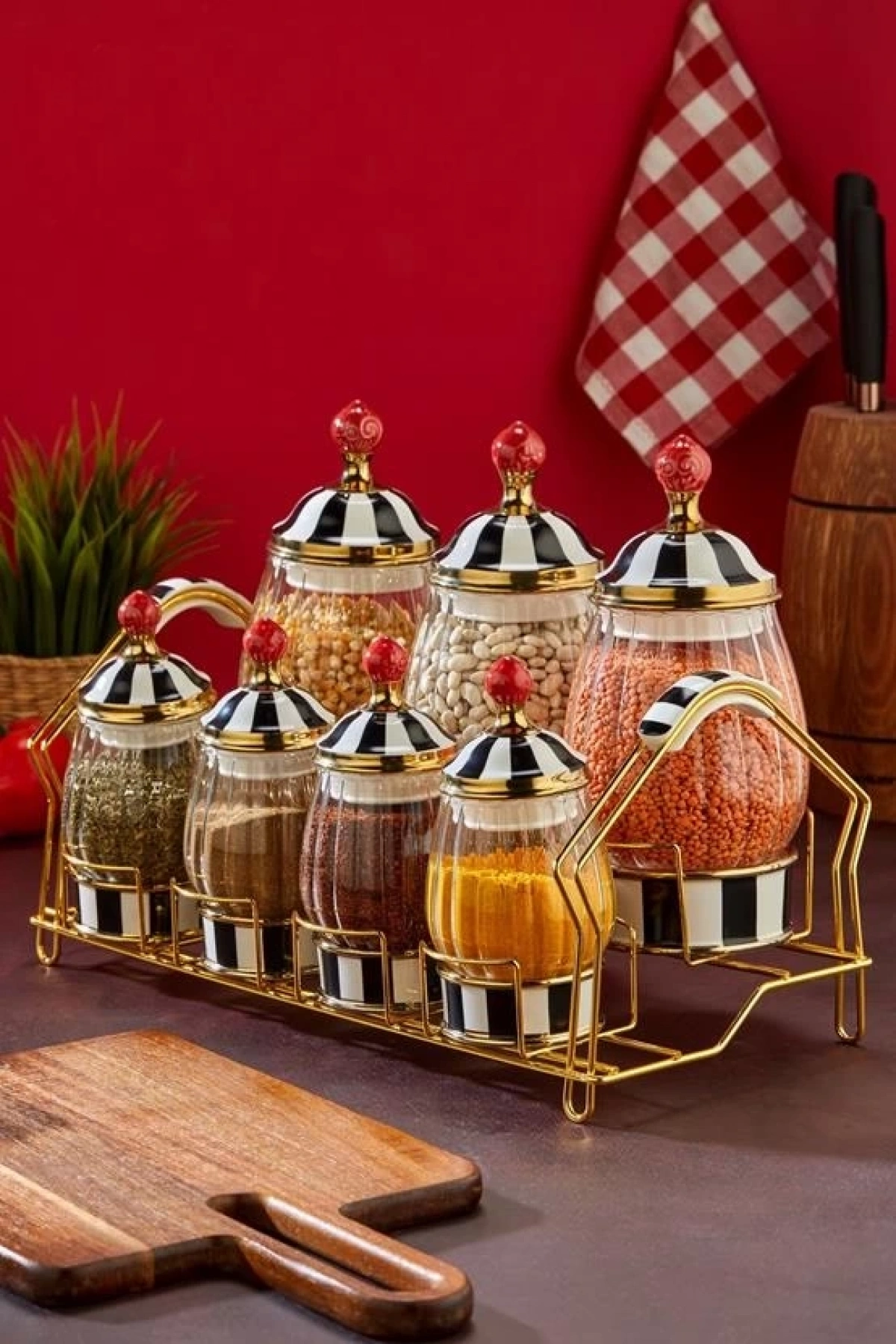 Cooker Siyah-Beyaz Kapaklı Porselen Baharat Seti 7li