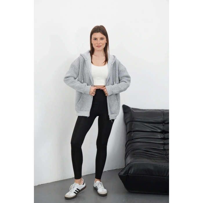 3 iplik şardonlu fermuarlı kapşonlu hırka gri