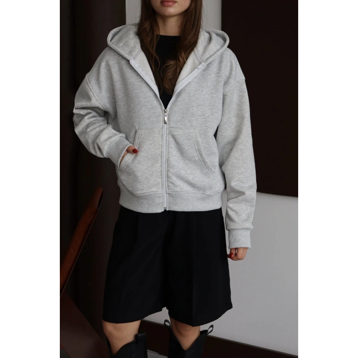 3 iplik şardonlu kapşonlu hoodie frm gri p510437