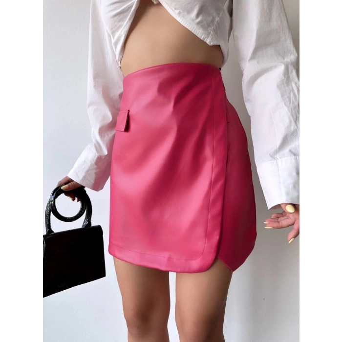 Cep detaylı oval kapaklı deri etek fuşya h240048