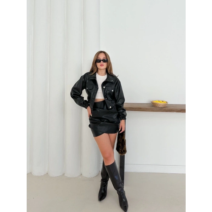 Crop bomber deri ceket siyah st2551985