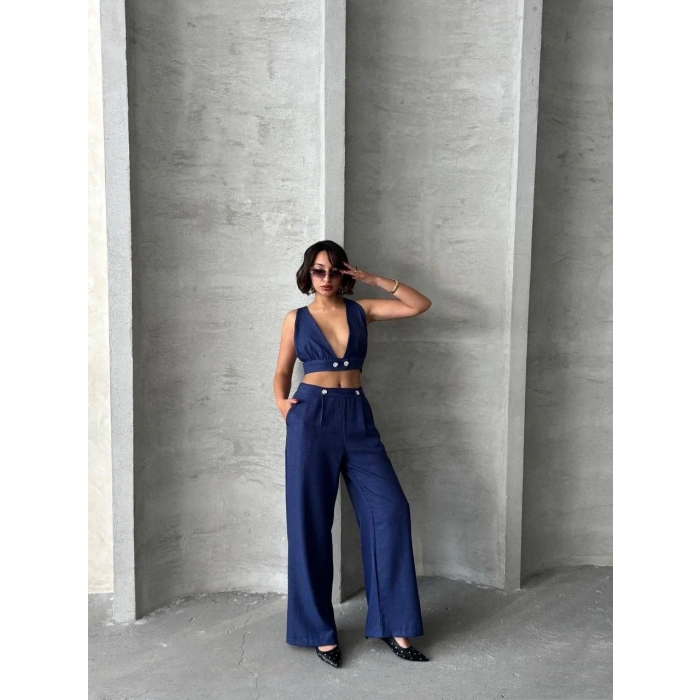 Crop pantolon keten takım s255012
