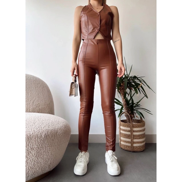 İki düğmeli deri yelek kahve s243001