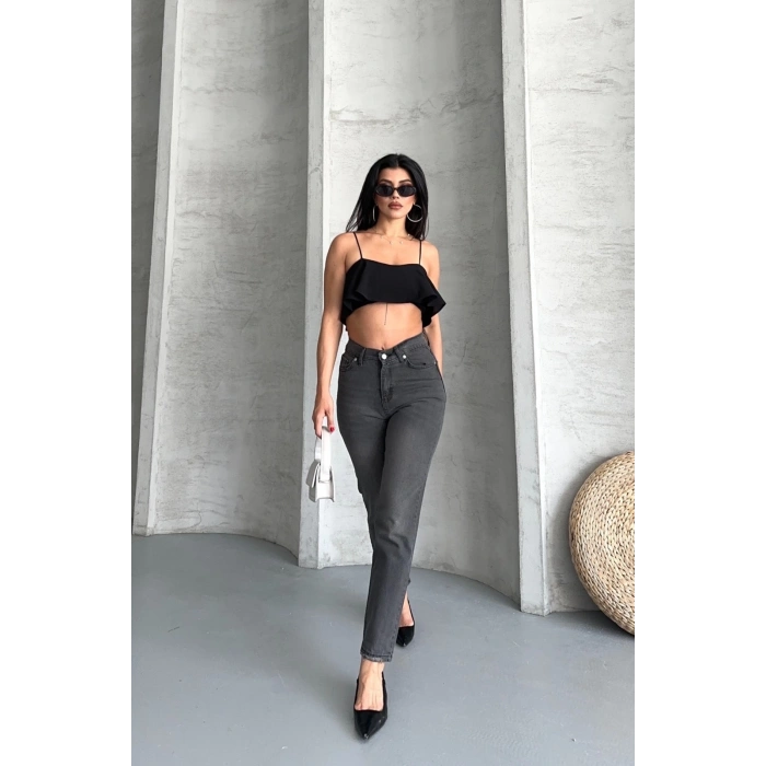 Mom fit enzim taş yıkama jeans pantolon füme d2006