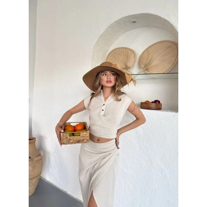 Uzun etekli bluz takım keten krem s255852