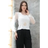 Tokalı tül kollu bluz beyaz t4071