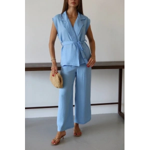 Keten yelek pantolon takım mavi pt