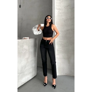 Mom fit enzim bıyıklı taş yıkama jeans pantolon siyah d2006