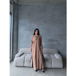 Pantolon yırtmaçlı elbise ikili triko takım vizon elf