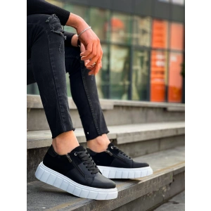 KB-X155 Kuback Siyah Cilt Siyah Süet Detaylı Beyaz Yüksek Taban Günlük Spor Ayakkabı