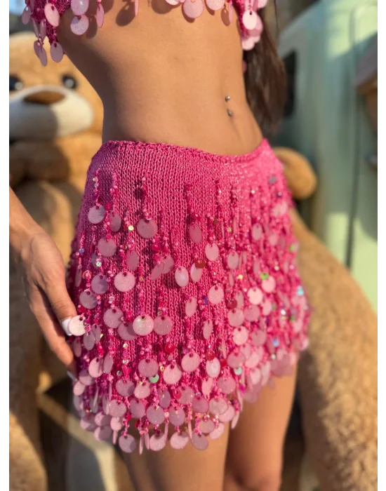 Rills Shine Koleksiyonu /Pul ve Taş İşlemeli etek-Pembe (Pink)