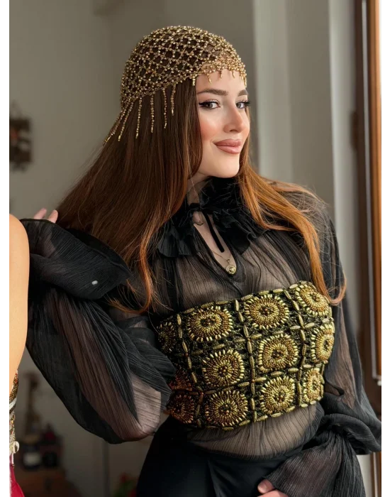 Gold Kristal Taş Örtme Taşlı Bere