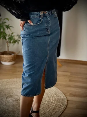 Önden Yırtmaçlı Midi Boy Kot Etek Mavi