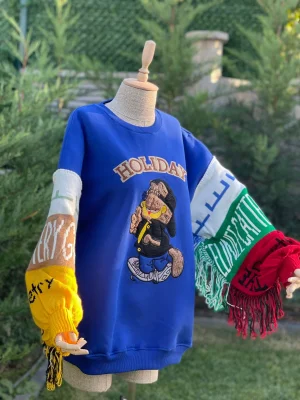 Mavi Oversize Kol Örgü Detaylı Sweat