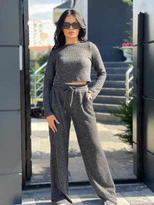 Gri Triko Likralı İkili Crop Pantolon Takım