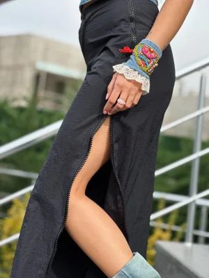 Siyah Paraşüt Yandan Fermuarlı Pantolon