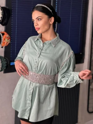 SU YEŞİLİ TAŞ İŞLEMELİ TASARIM GÖMLEK