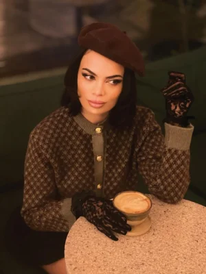 Haki Yeşil ve Kahverengi Detaylı Triko Örgü Ceket