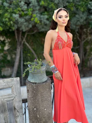 Nar Çiçeği Göğsü İşlemeli Elbise