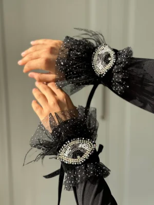 Tasarım Siyah Gümüş Göz İşlemeli Bileklik