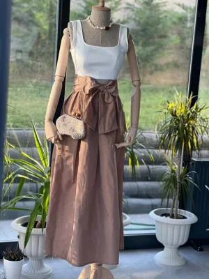 Açık Kahve Önü Kurdeleli Uzun Etek
