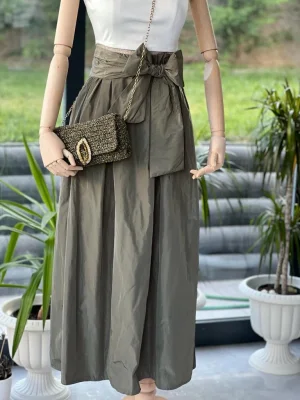 Haki Renk Önü Kurdeleli Uzun Etek