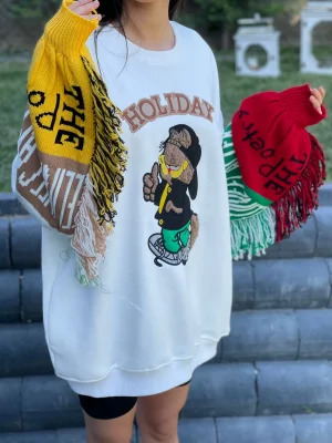 Beyaz Oversize Kol Örgü Detaylı Sweat