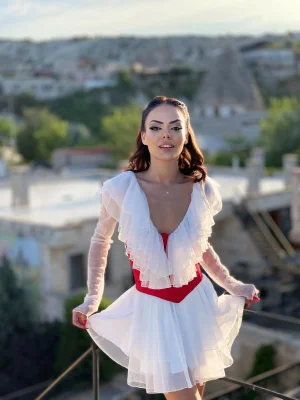 Beyaz V Yaka Mini Tül Elbise