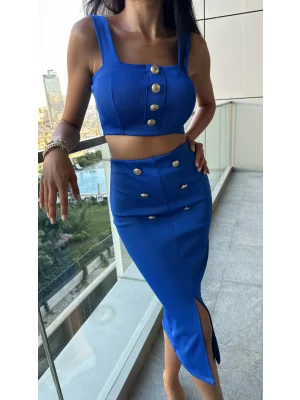Düğme Detaylı Etek- Bustiyer İkili Takım Mavi