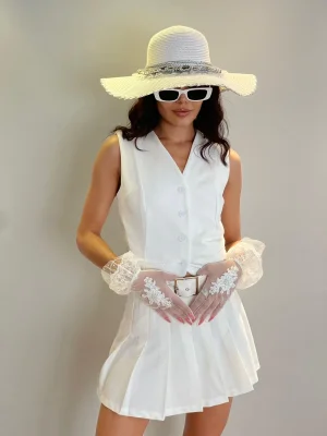 Ekru Renk Şortlu Pileli Mini Etek