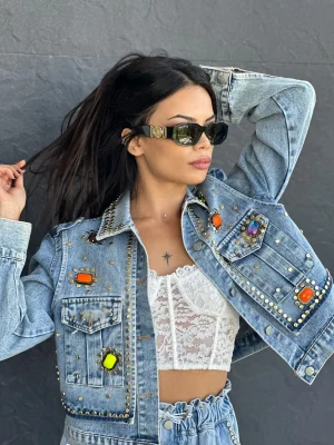 İthal Renkli Taş İşlemeli Kot Ceket