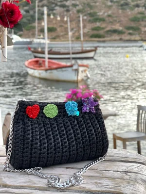 Örgü Model Siyah Zincir Askı Kol Çantası